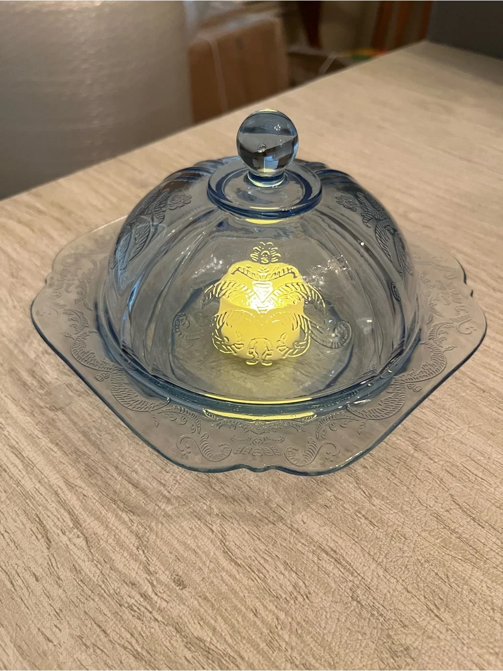 Vintage Blue Depression Glass Madrid Butter Dish Fairy Lamp